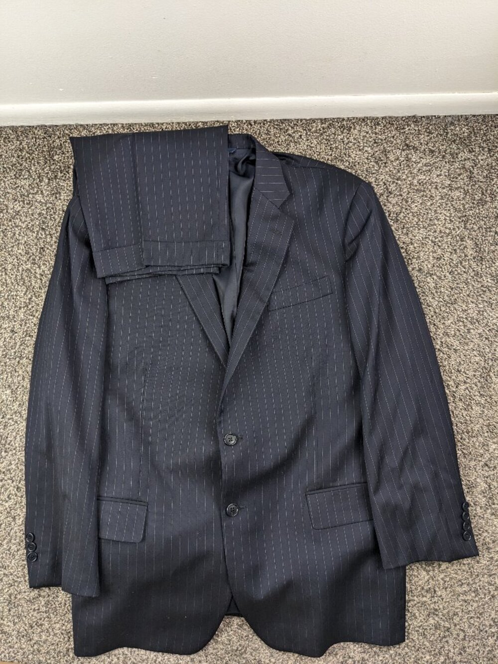 Brooks Brothers 46R Estrato Wool Chalk Striped 2 PC Suit Navy Blue Gray 40x29